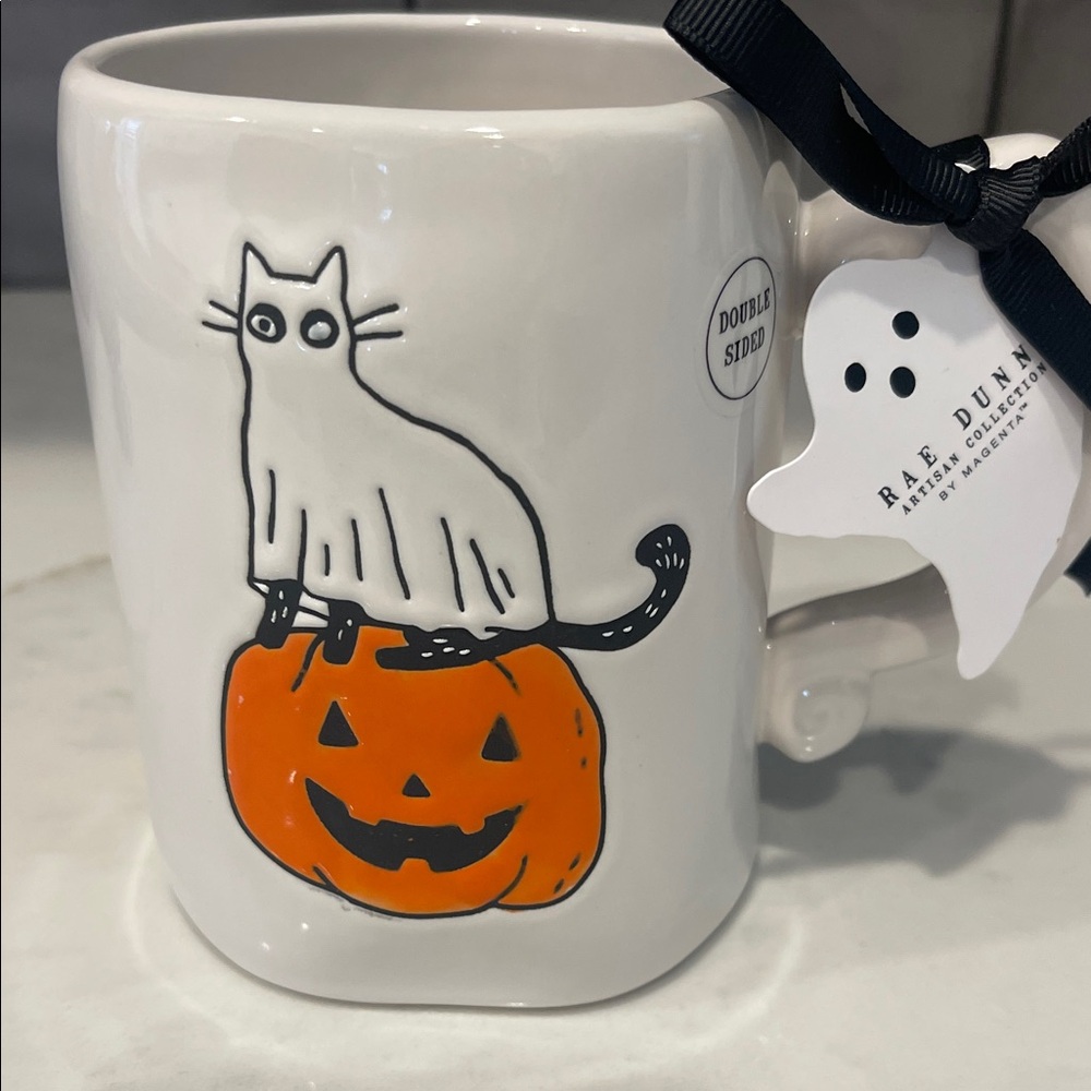 Rae Dunn Ghost Cat on Pumpkin Mug